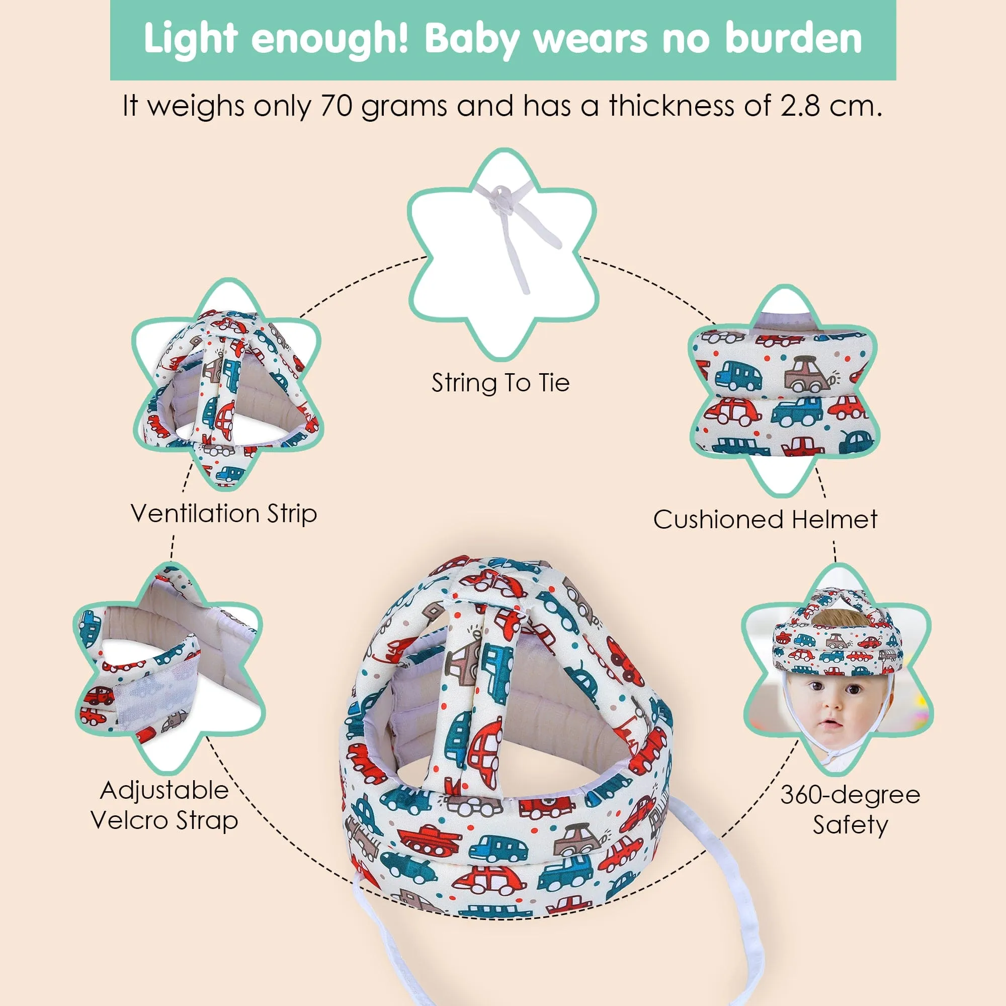 Baby Moo Car & Truck Head Protection Adjustable Cushioned Safety Helmet - Cream