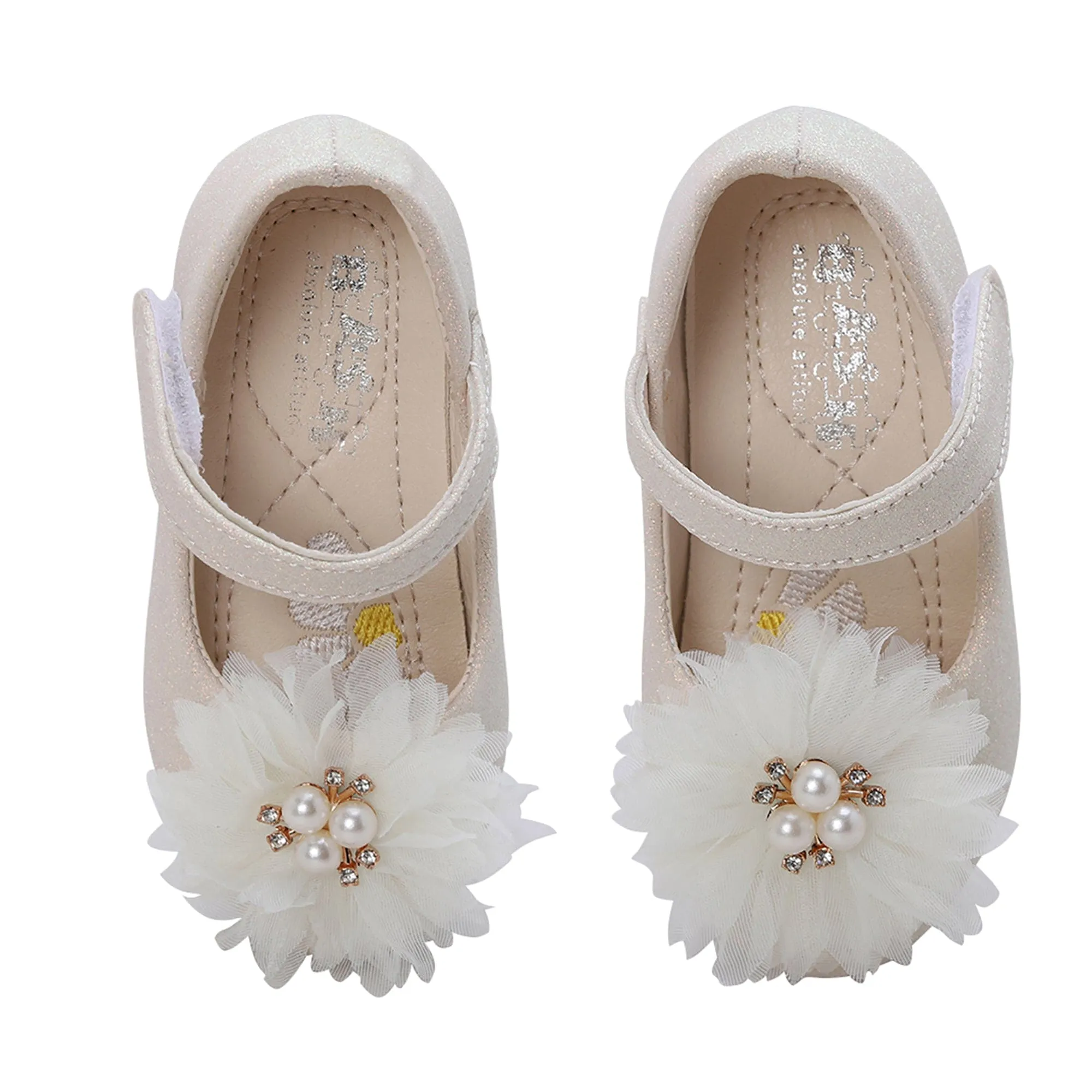 Baby Moo Glittery Pearl Embellished Floral Applique Mary Jane Velcro Strap Anti-Skid Ballerina Shoes - Gold