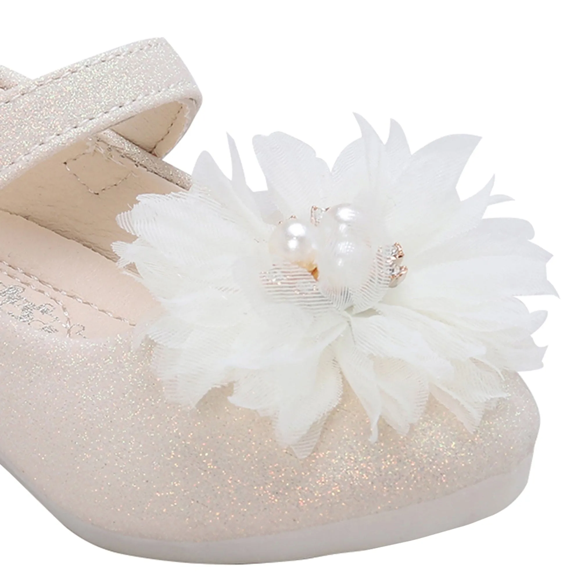 Baby Moo Glittery Pearl Embellished Floral Applique Mary Jane Velcro Strap Anti-Skid Ballerina Shoes - Gold