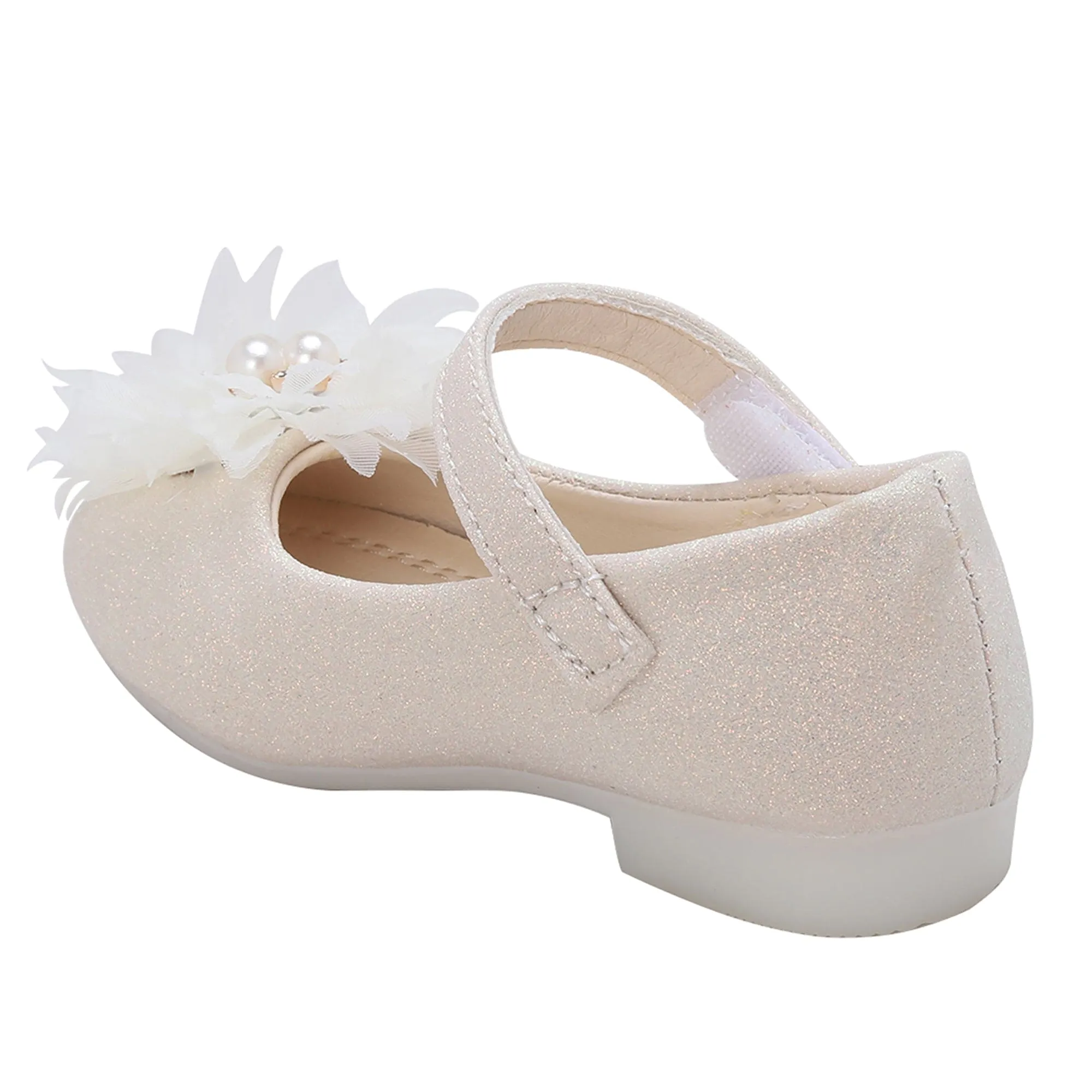 Baby Moo Glittery Pearl Embellished Floral Applique Mary Jane Velcro Strap Anti-Skid Ballerina Shoes - Gold
