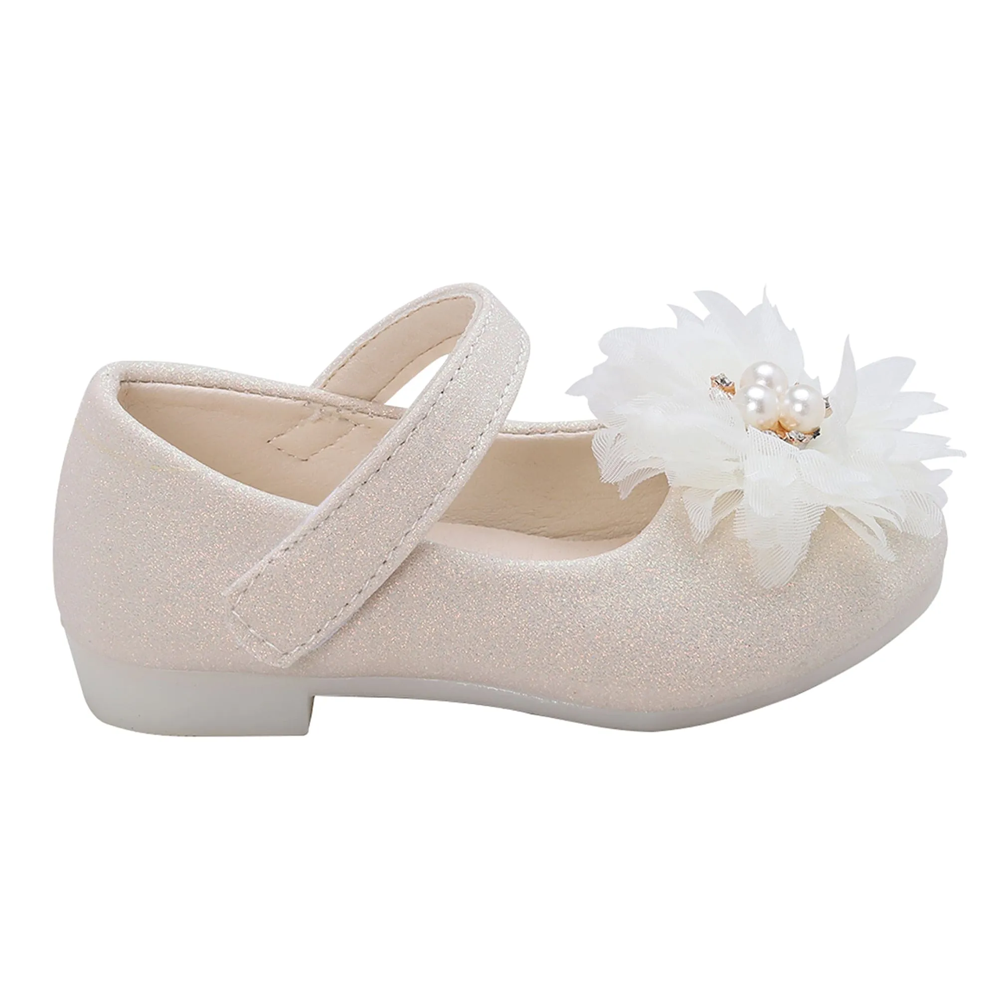 Baby Moo Glittery Pearl Embellished Floral Applique Mary Jane Velcro Strap Anti-Skid Ballerina Shoes - Gold