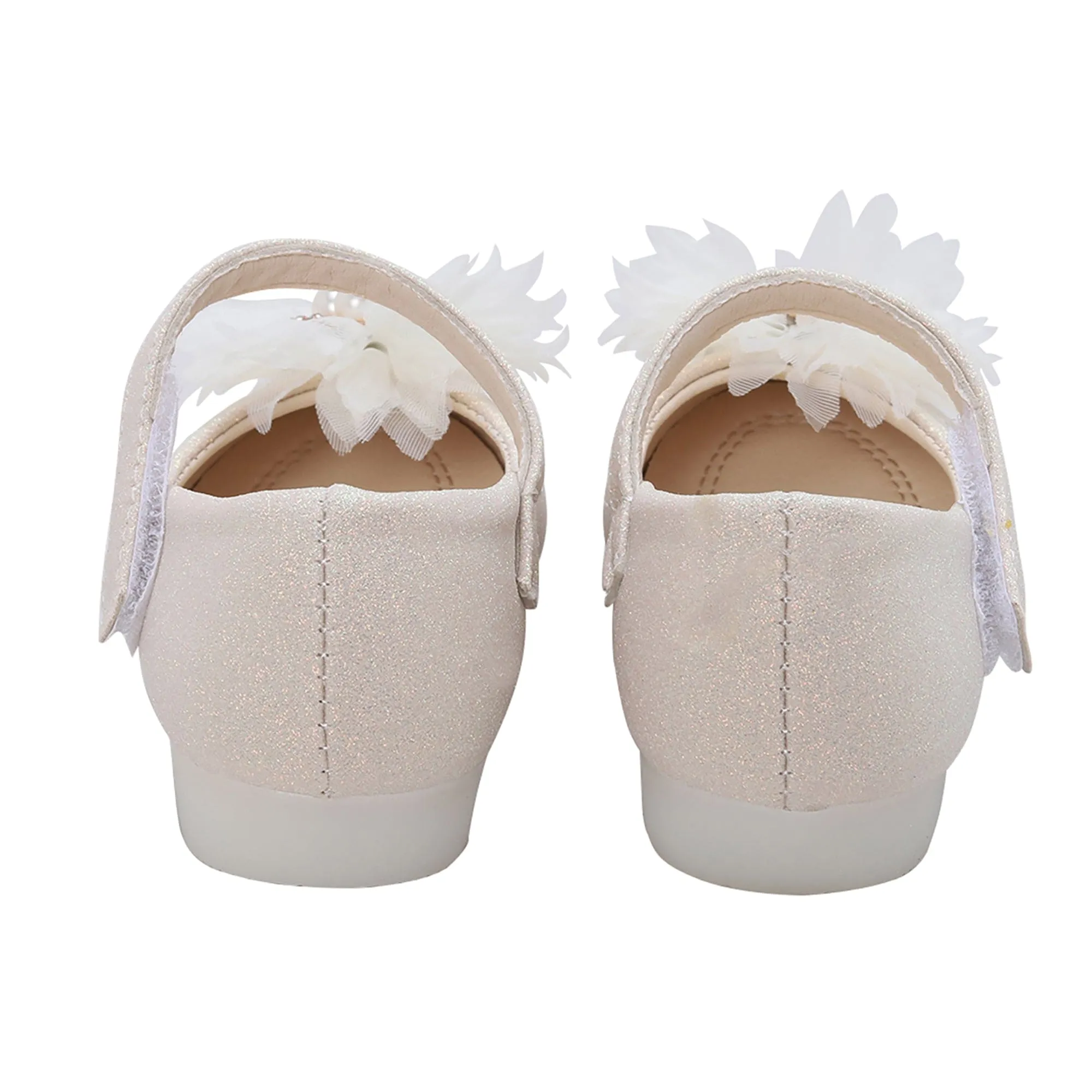 Baby Moo Glittery Pearl Embellished Floral Applique Mary Jane Velcro Strap Anti-Skid Ballerina Shoes - Gold