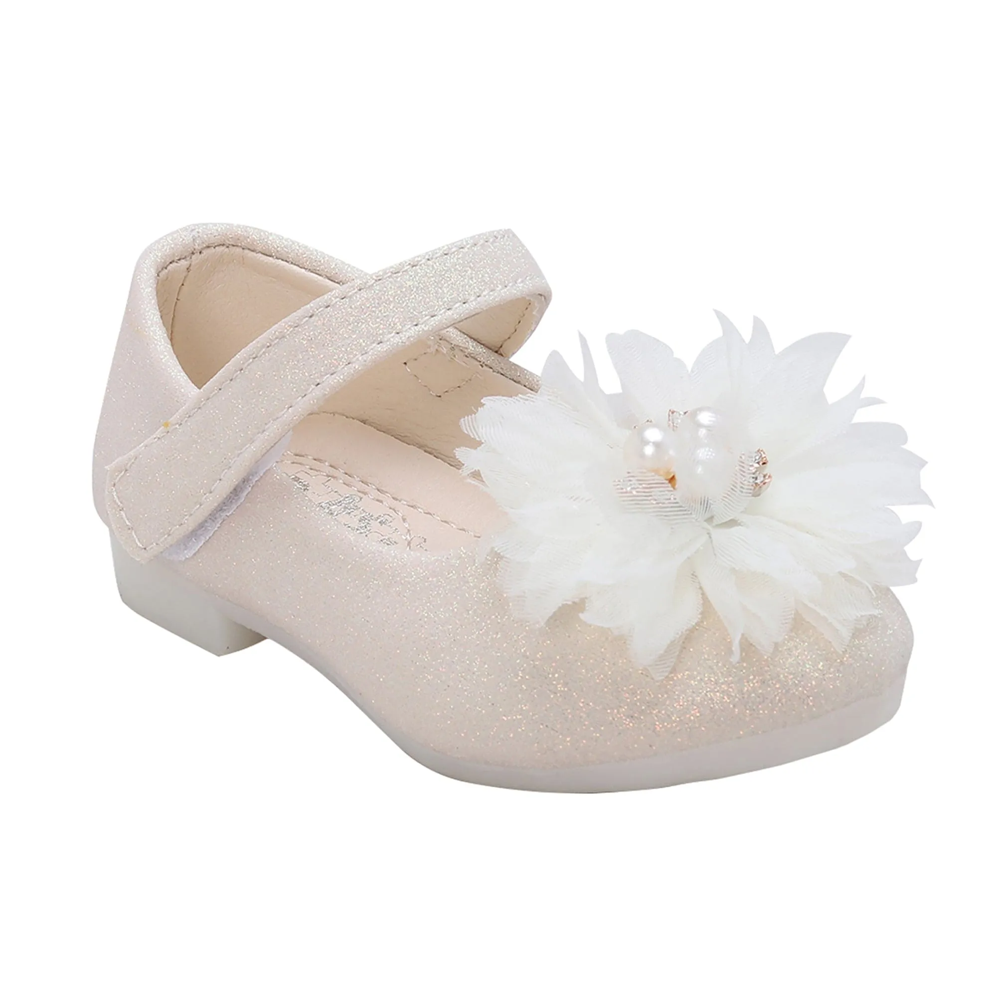 Baby Moo Glittery Pearl Embellished Floral Applique Mary Jane Velcro Strap Anti-Skid Ballerina Shoes - Gold