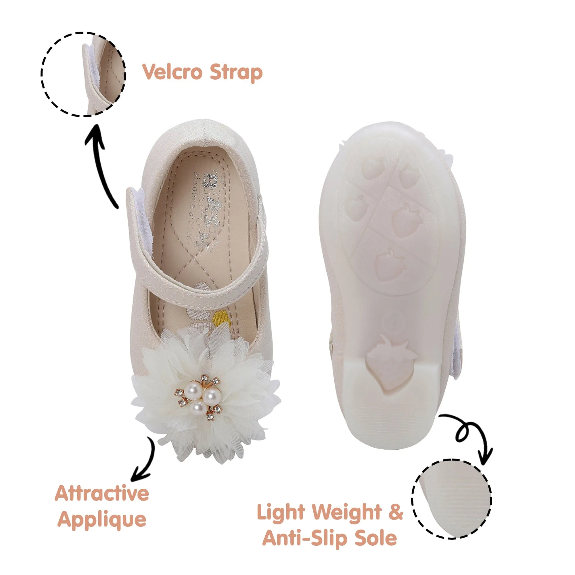 Baby Moo Glittery Pearl Embellished Floral Applique Mary Jane Velcro Strap Anti-Skid Ballerina Shoes - Gold