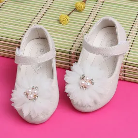 Baby Moo Glittery Pearl Embellished Floral Applique Mary Jane Velcro Strap Anti-Skid Ballerina Shoes - Gold