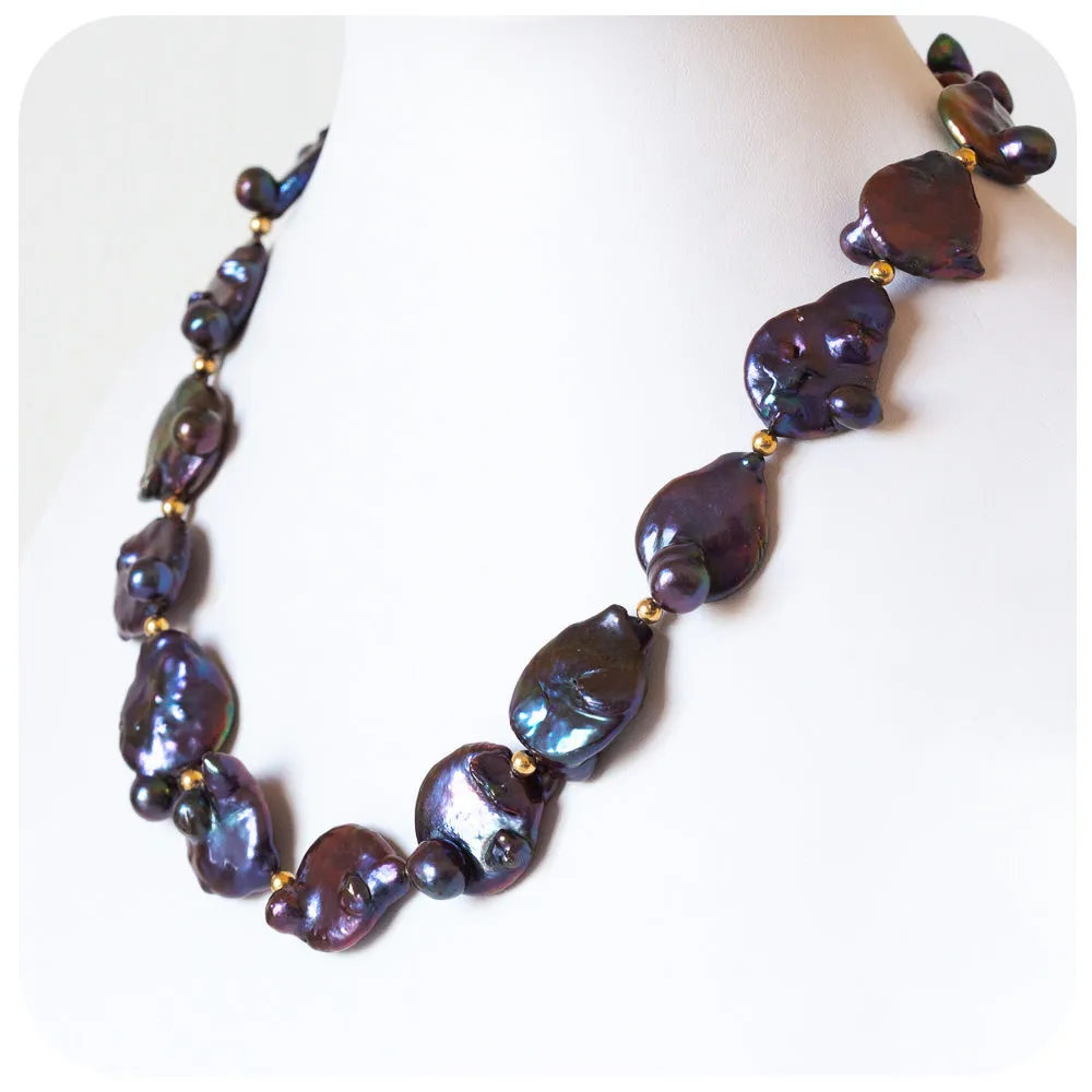 Blue Peacock Biwa Coin Pearls and Yellow Gold Necklace