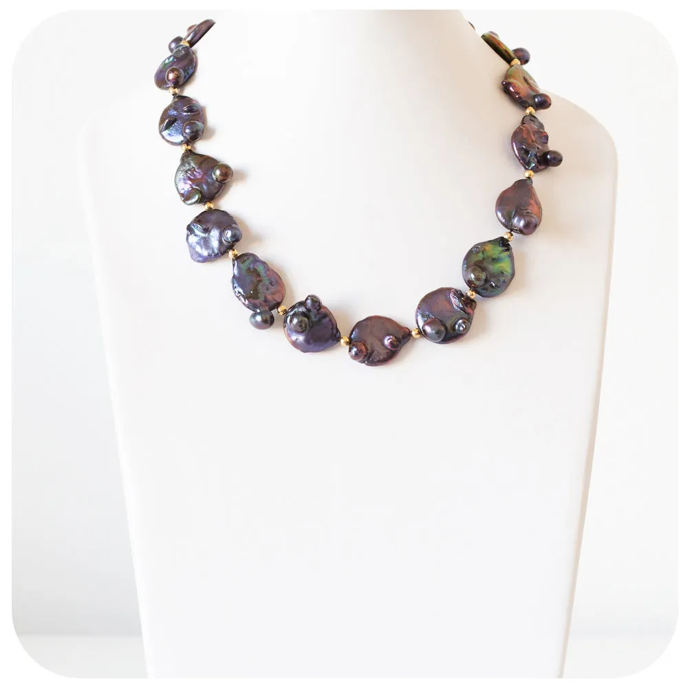 Blue Peacock Biwa Coin Pearls and Yellow Gold Necklace