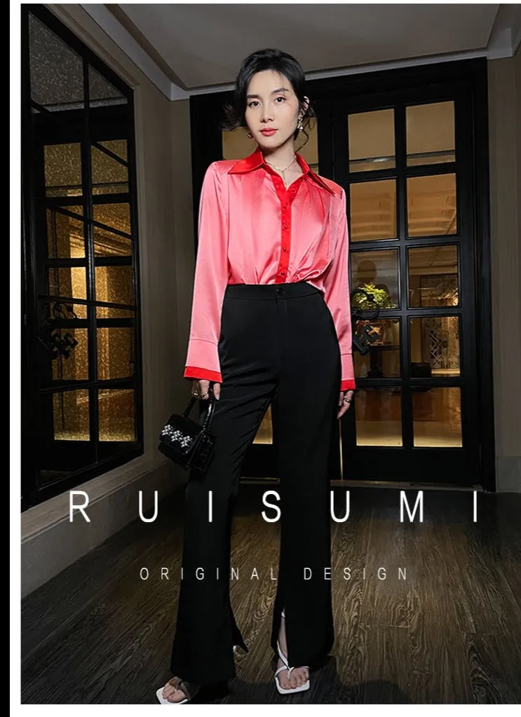 High-quality watermelon red color-block double sleeves pleated satin shirt top - Traue