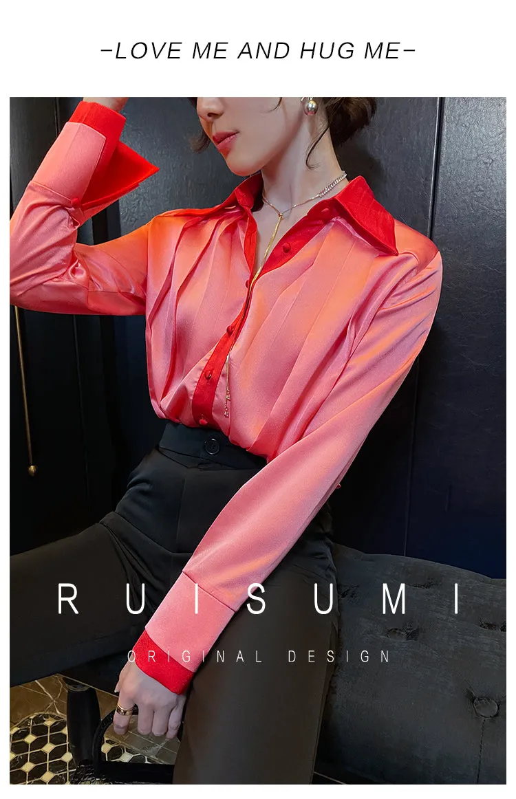 High-quality watermelon red color-block double sleeves pleated satin shirt top - Traue