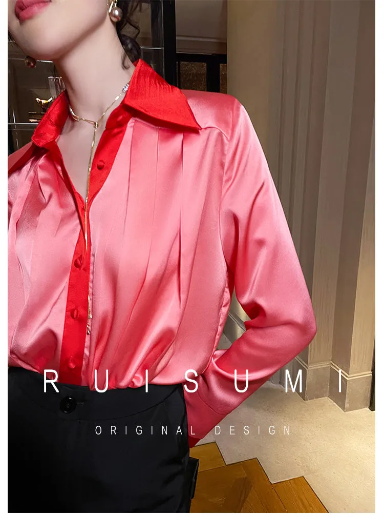 High-quality watermelon red color-block double sleeves pleated satin shirt top - Traue