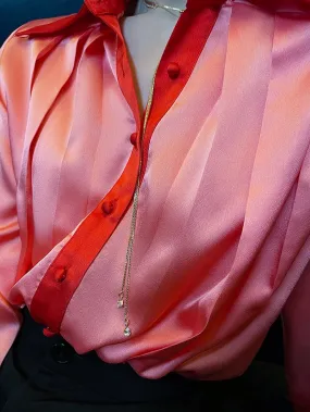 High-quality watermelon red color-block double sleeves pleated satin shirt top - Traue