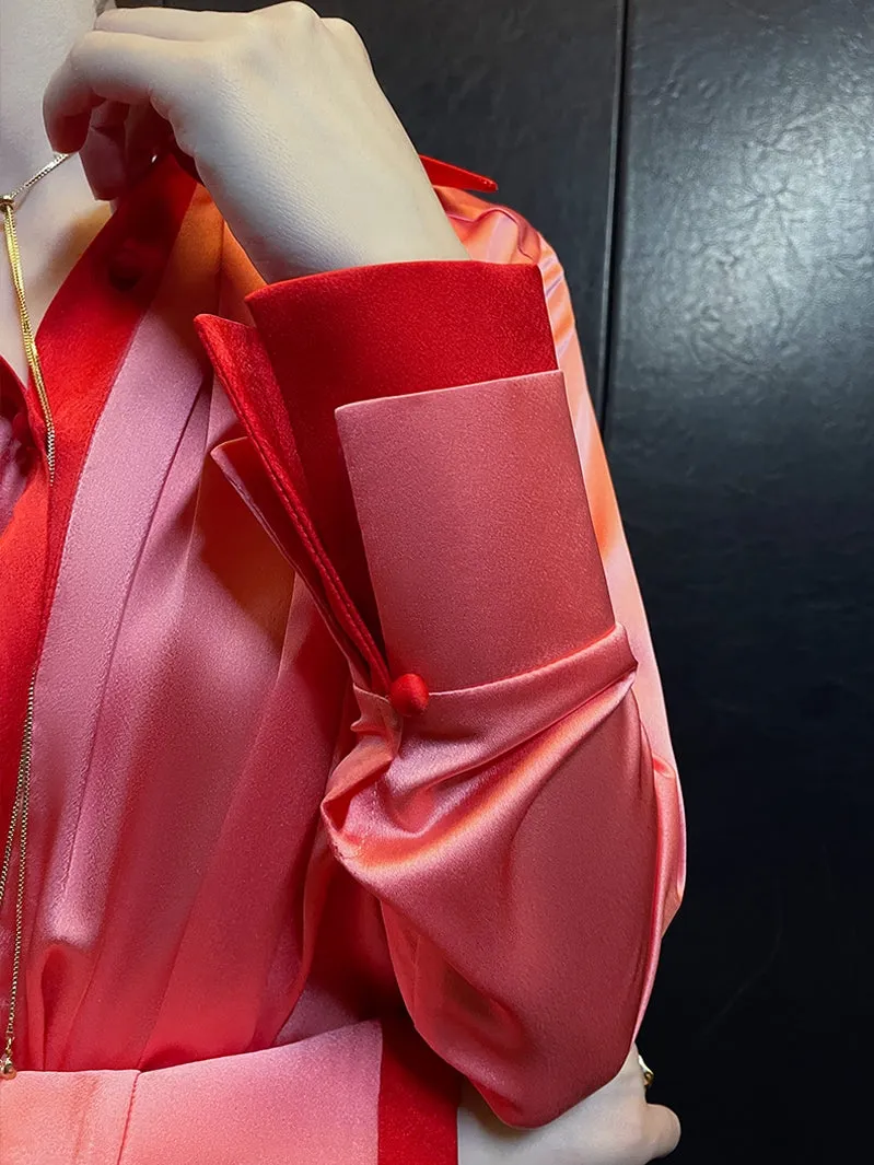High-quality watermelon red color-block double sleeves pleated satin shirt top - Traue