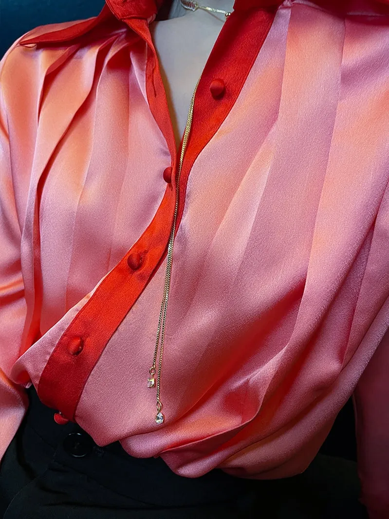 High-quality watermelon red color-block double sleeves pleated satin shirt top - Traue