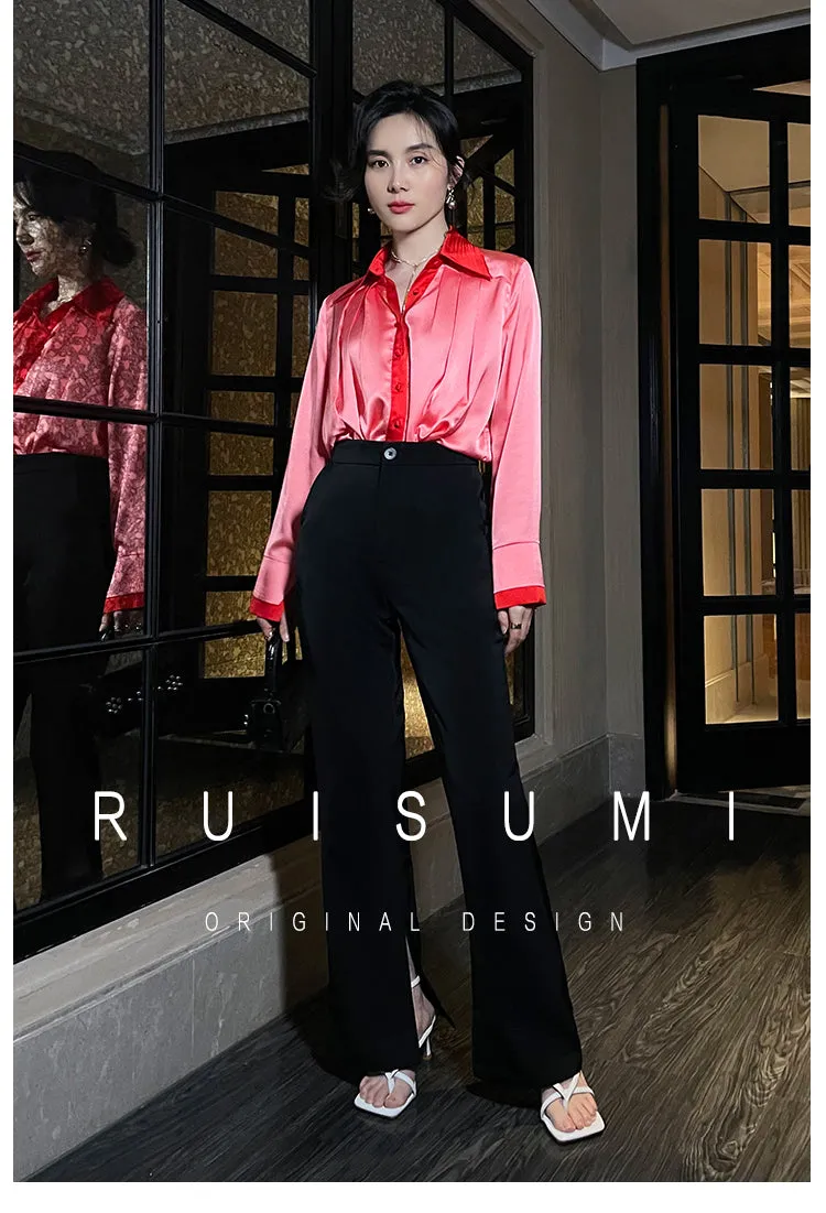 High-quality watermelon red color-block double sleeves pleated satin shirt top - Traue