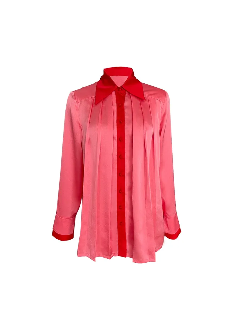 High-quality watermelon red color-block double sleeves pleated satin shirt top - Traue