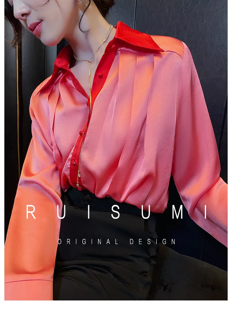 High-quality watermelon red color-block double sleeves pleated satin shirt top - Traue