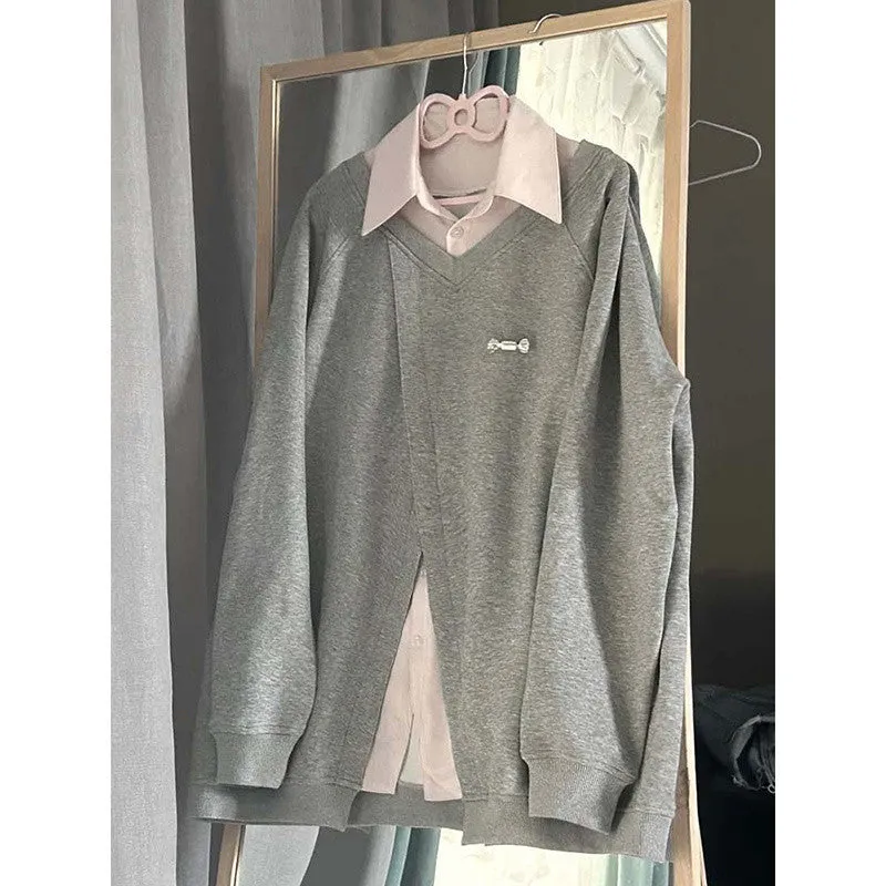 METAVERSMALL New Japanese fake two-piece splicing design sense long-sleeved Polo neck sweater women's spring and autumn thin loose coat top