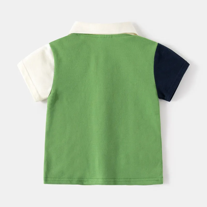 xiangtuibao  Children's Short-Sleeved T-shirt  Summer Korean Style Children's Clothing Boys' Color Matching Sleeve Short-Sleeved Polo Shirt Baby Cartoon Top
