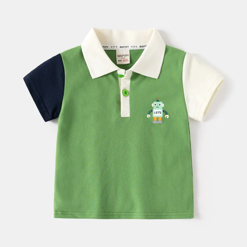 xiangtuibao  Children's Short-Sleeved T-shirt  Summer Korean Style Children's Clothing Boys' Color Matching Sleeve Short-Sleeved Polo Shirt Baby Cartoon Top