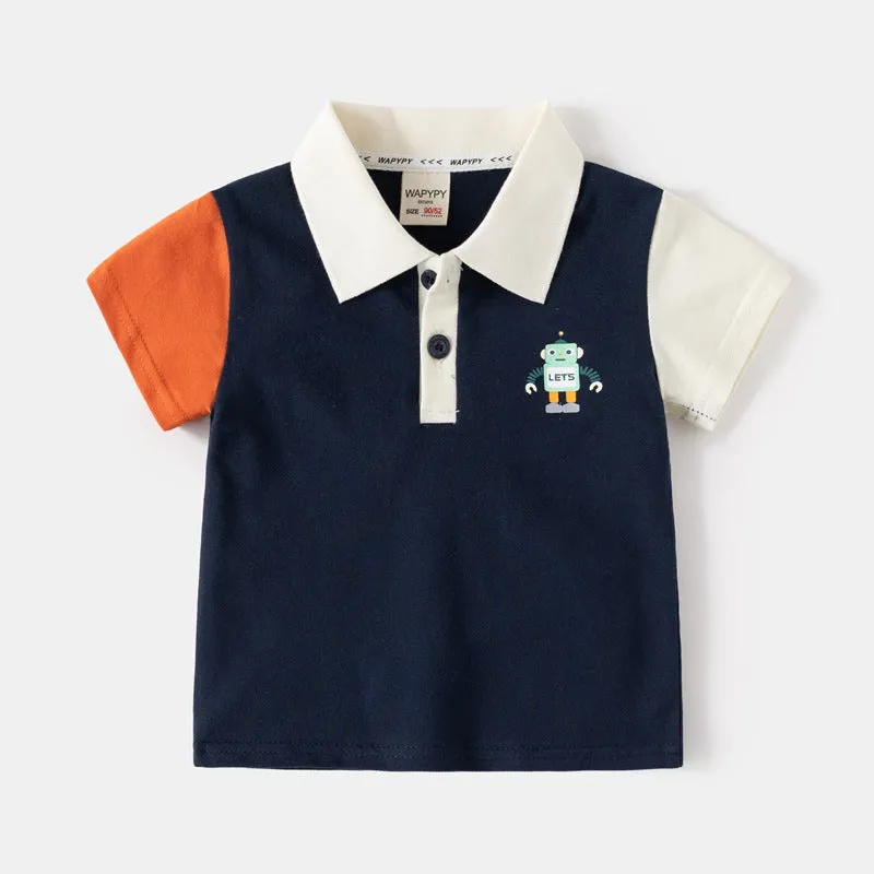 xiangtuibao  Children's Short-Sleeved T-shirt  Summer Korean Style Children's Clothing Boys' Color Matching Sleeve Short-Sleeved Polo Shirt Baby Cartoon Top